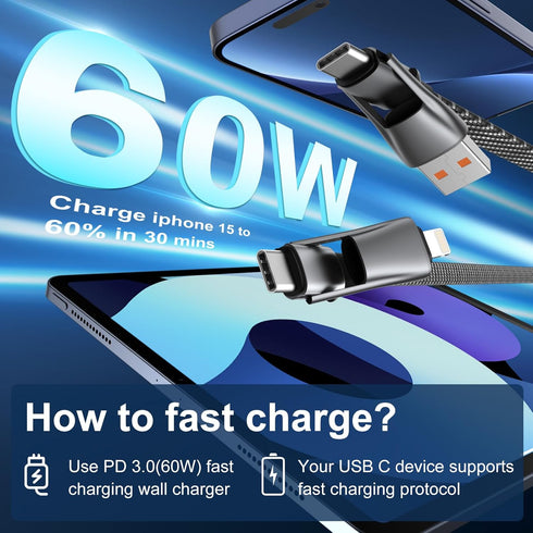 4 in 1 Multi Charging Cable, PD 60W Fast Charging USB C Multi Charger Cable, Zinc Alloy Flat Braided with Velco Strap Charging Cords for Multiple ...