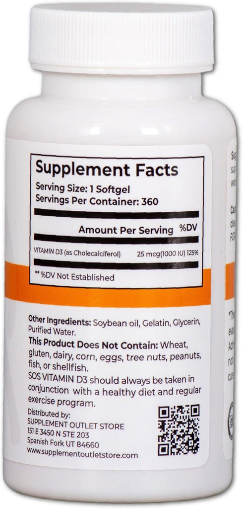 SOS Vitamin D3 1000iu (25 mcg) Cholecalciferol Softgels, 12 Month Supply, 360 ct....
