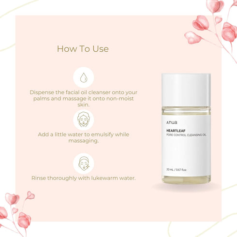 Anua Heartleaf Pore Control Cleansing Oil Blackheads Removal Travel Size 2-Pack 20 ml 0.67 fl oz Each Korean Skin Care Mini Facial Cleanser Makeup...