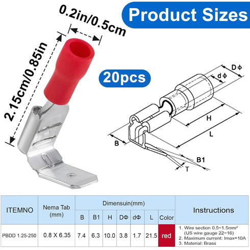 ANCIRS 20pcs Semi-Insulated Piggyback Spade Connectors, Quick Disconnect Piggyback Spade Assortment Kit, Female/Male Cable Crimp Terminals, Red, 2...