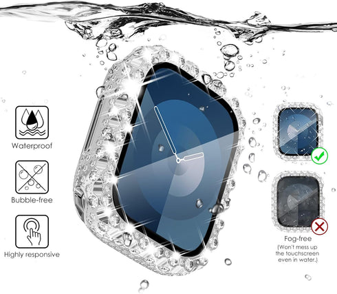 NewWays 2 in 1 Waterproof Bling Case 45mm for Apple Watch Screen Protector Series 9 8 7, Lace Full Glitter Diamond Rhinestone Bumper Face Cover fo...