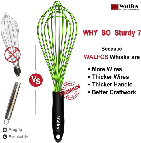 Walfos Silicone Whisk, Rubber Whisks for Cooking, Baking (11,9,8.5 inch) - Heat Resistant Kitchen Whisks for Non-stick Cookware, Balloon Egg Beate...