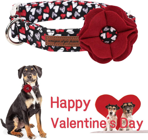 Unique style paws Valentine's Day Dog Collar with Removable Felt Flower Tie Girls Boys Pet Collar for Small Medium Large Dogs-Gothic Love-XS...