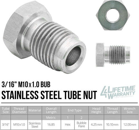 4LIFETIMELINES Stainless Steel Brake Line Tube Nut, 3/16 (M10x1.0 Bubble), Bag of 10...