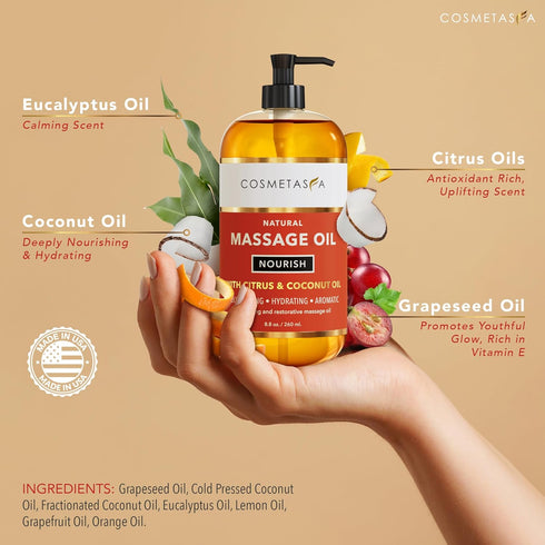 Natural Nourishing Massage Oil with Massage Roller Ball - Therapeutic Citrus & Coconut Massage Oils with Rejuvenating, Hydrating & Aromatic Essent...