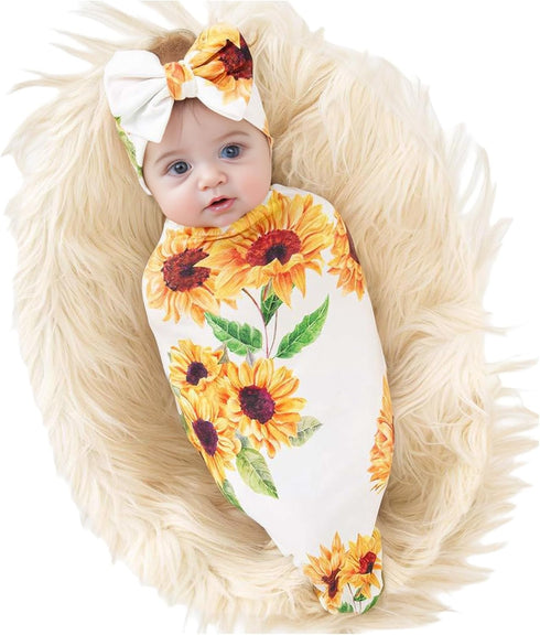 Galabloomer Newborn Sunflower Receiving Blanket Headband Set Baby Flower Rose Swaddle With Big Bow...
