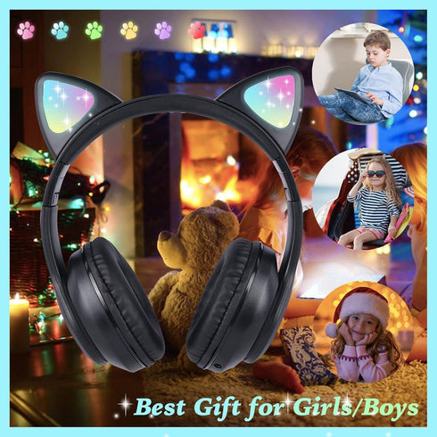 Wireless Kids Headphones for Boys Girls, Cat Ear LED Light Up Bluetooth Headphones with Microphone for School/Travel/Sports/Gaming/Gifts/Christmas...