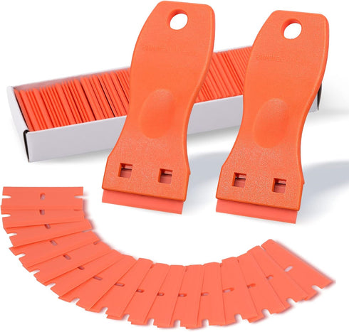 FOSHIO 2PCS Orange Plastic Razor Blade Scraper Tool and 100PCS Orange Plastic Blades for Gasket Remover, Sticker Remover, Labels Decal and Adhesiv...