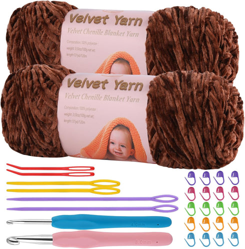 Chenille Yarn, 2 * 100g/7.05oz Baby Velvet Yarn, Blanket Yarn for Crochet Weaving Craft Yarn with 2 crochet hooks and Plastic Big Eye Needle (Cara...