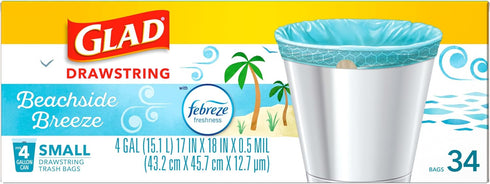 Glad Trash Bags, OdorShield Small Drawstring Garbage Bags - Febreze Beachside Breeze - 4 Gallon - 34 Count...
