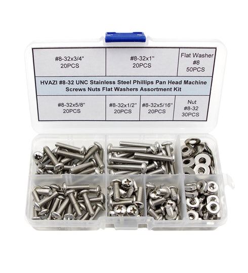 #8-32 UNC Stainless Steel Phillips Pan Head Machine Screws Nuts Flat Washers Assortment Kit...