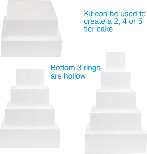 Silverlake 5-Tier Square Cake Dummy Set - American-Made Hard Foam Cake Dummies - 4" High x 4,6,8,10,12" Squares - Professional Baking Display Set ...