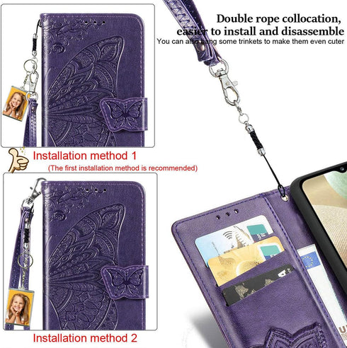 Wallet Case for iPhone SE 2020/SE 2022/iPhone 8/iPhone 7,Women Butterfly Embossed PU Leather Stand Card Slots Wrist Strap Flip Folio Cover for iPh...