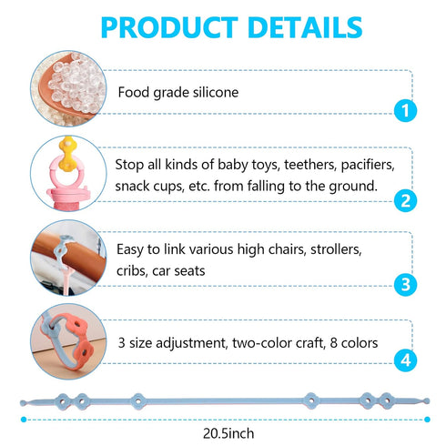 Toy Safety Straps 4PK Stretchable Silicone Pacifier Clips Baby Toddler Teether Bottle Harness Straps for Strollers,High Chair,Shopping Cart,Cribs,...