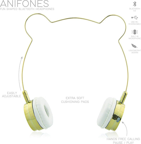 LUX ACCESSORIES Gold Bear Headphones Wire Frame Horns Headset w Microphone...