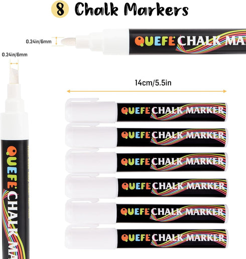 QUEFE 8pcs White Chalk Markers, 6mm Liquid Chalk Markers Dry Erase Marker Pens for Blackboard, Dual Tip Chalkboard Markers with Reversible Tip for...