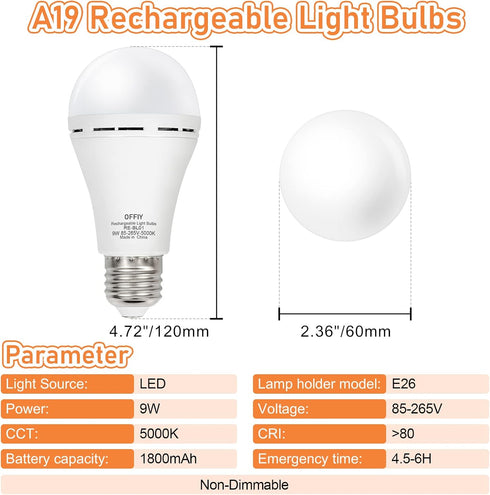 OFFLIY Emergency Light Bulbs, 1800mAh High-Capacity Battery for Longer Emergency Time, 9W,750LM,5000K Rechargeable Light Bulbs for Power Outage, A...