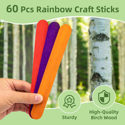 8 Inch Colored Jumbo Craft Sticks - 60 PCS Extra Large Natural Premium Wood, Rainbow Wooden Popsicle Sticks, Wide Lollipop Sticks for DIY Crafting...