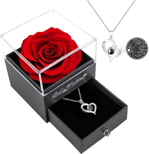 Childom Preserved Rose Birthday Gifts for Women,Red Preserved Flowers Christmas Rose Gifts for Women,Fresh Real Rose Flower with Necklace I Love Y...