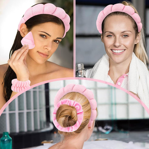 7Pcs Puffy Spa Headband and Wristband Set Skincare Headband for Washing Face Scrunchies Powder Puffs Sponge Spa Makeup Headband Puffy Headband Ter...