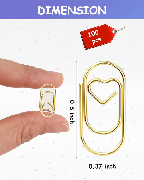 100 Pack Gold Love Heart Shaped Paper Clips, 0.8inch Small Paper Clips for Funny, Small Mini Paperclips Paper Clamps for Office School Home Desk O...