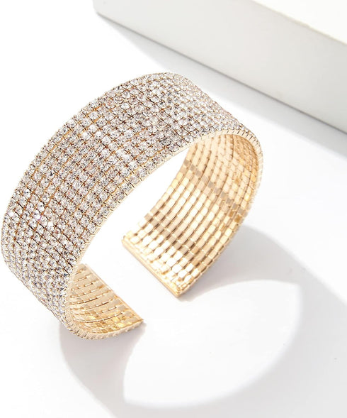Sparkly Silver/Gold Simple Multi-layer Rhinestone Cluster Wide Cuff Bangle Wedding Jewelry for Women Bridal Statement Bracelet...