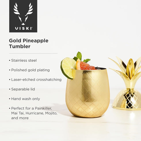 Viski Gold Pineapple Tumbler with Lid for Mai Tais, Tiki Drinks, and Craft Cocktails, Tumbler Cup, Stainless Steel with Gold Plating, 16 Oz Set of...