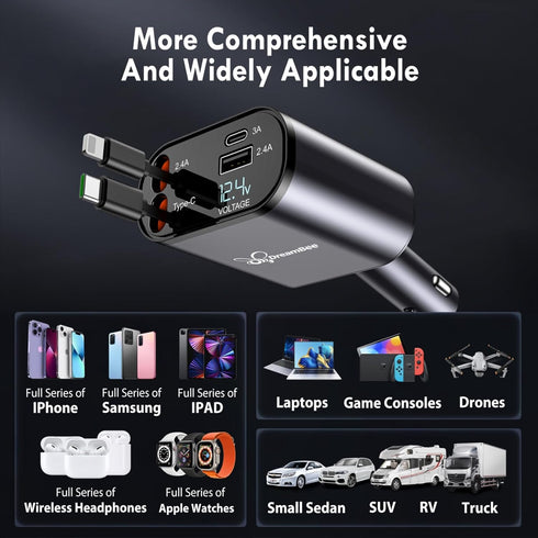 Retractable Car Charger,66W 4 in 1 Super Fast Charge Car Phone Charger,Retractable Cables (31.5 inch) and 2 USB Ports Car Charger Adapter for iPho...