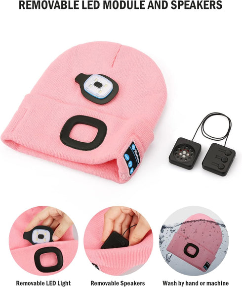 Bluetooth Beanie with Light, Unisex USB Rechargeable LED Headlamp Cap with Headphones, Built-in Speakers & Mic Winter Knitted Night Lighted Music ...