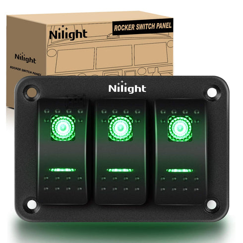 Nilight 3 Gang Aluminum Rocker Switch Panel Toggle Dash 5 Pin ON/Off Pre-Wired GreenBacklit for Automotive Cars Marine Boats RVs, Green (90127C)...