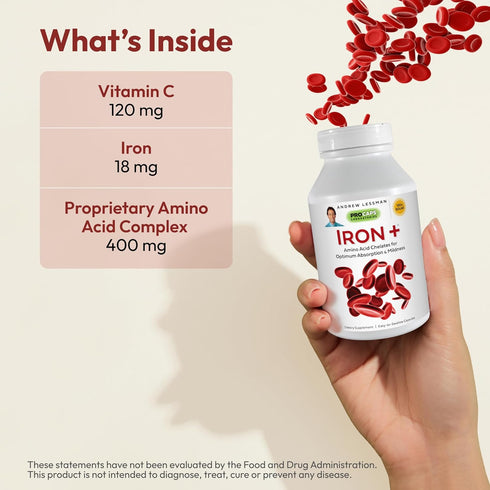 ANDREW LESSMAN Iron Plus 90 Capsules - 18mg Iron, 100% Pure Amino Acid Chelated Iron (Glycinate, Aspartate), Plus Vitamin C for Increased Absorpti...