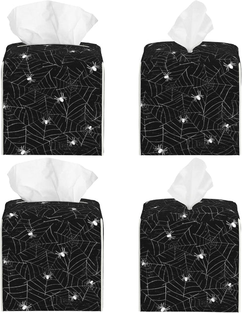 Leather Tissue Box Holder Spider Web Tissue Box Cover Square Waterproof Tissue Holder Organizer Modern Napkin Holder for Bedroom Dresser Night Sta...