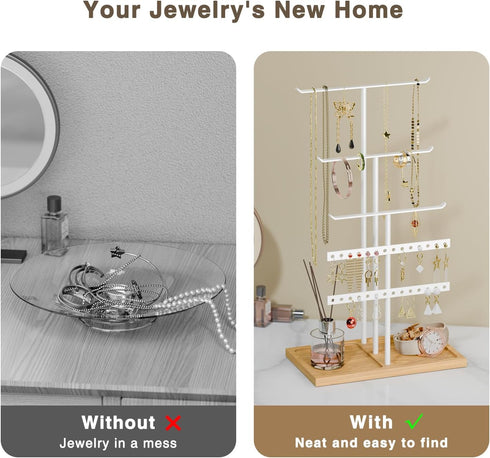 Jewelry Holder Stand Organizer: 3-tier Tree for Necklaces Earrings Rings Bracelets - Natural Wood Tray - Jewelry Hanger for Dispaly Decor and Stor...