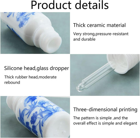 4 PCS 1 2/3oz (50ml) Blue and White Porcelain Ceramic Dropper Bottles Perfume Aromatherapy Cosmetic Container Essential Oils Sample Empty Dropper ...