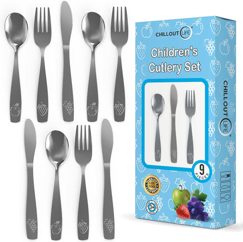 9 Piece Stainless Steel Kids Silverware Set - Child and Toddler Safe Flatware - Kids Utensil Set - Metal Kids Cutlery Set Includes 3 Small Kids Sp...