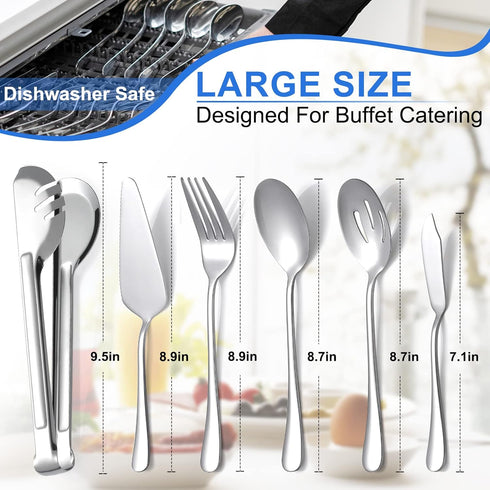 Serving Utensils, Set of 6 Large Serving Spoons Forks Tongs Butter Knife and Pie Server, Thickened Stainless Steel Buffet Catering Flatware Servin...