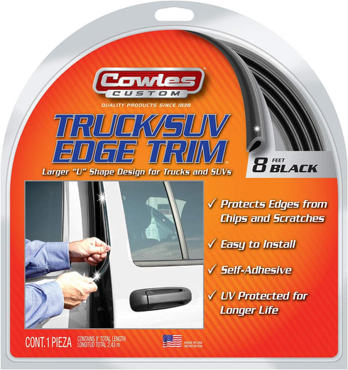 Cowles Custom - 8 ft of Black Truck/SUV Door Edge Guards, U-Shape PVC Edge Trim Stays on with Self Adhesive Hot Melt Glue Protects from Scratches/...