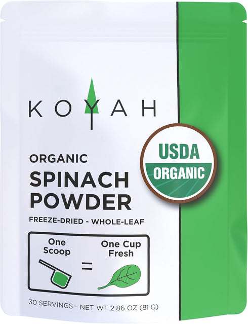 KOYAH - Organic Spinach Powder (Equivalent to 30 Cups Fresh): Freeze-Dried, Whole-Leaf Powder...