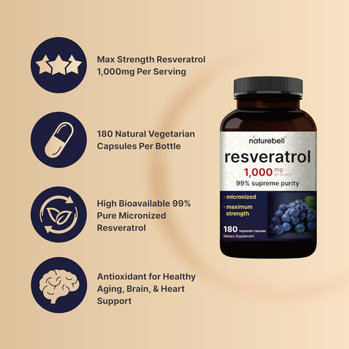 NatureBell Resveratrol Supplement 1000mg Per Serving, 180 Veggie Capsules, 99% Pure Trans-Resveratrol, Antioxidant for Healthy Aging, Brain & Hear...