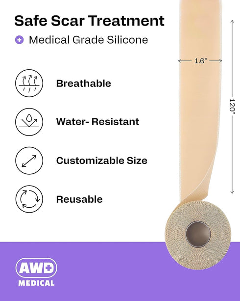 AWD Silicone Scar Sheets for Surgical Scars - Seamless Medical Grade Silicone Scar Tape for C Section, Tummy Tuck Tape - Silicone Skin Patches Aft...