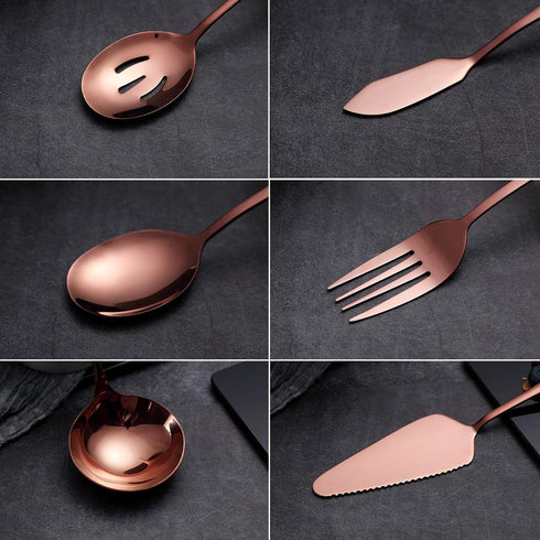 6-Piece Copper Serving Flatware Silverware Set,Stainless Steel Serving Utensil Set,Include Cake Server, Slotted Serving Spoon, Serving Spoon, Cold...