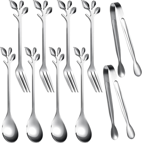 Leaf Coffee Spoons, Mini Serving Tongs and Appetizer Forks Stainless Steel Sugar Cube Tongs Dessert Spoons Metal Dinner Forks for Dessert Coffee T...