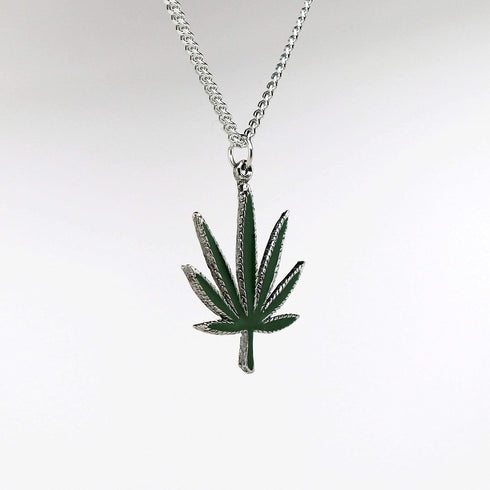 Marijuana Weed Pot Leaf Green Enamel on Silver Finish Pewter Pendant Necklace...