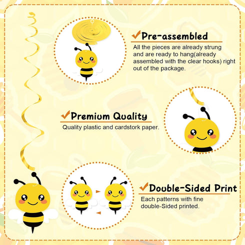 20PCS Bumble Bee Hanging Swirl Decorations, Bee Party Hanging Swirls Foil Ceiling Streamers Honey Bee Themed Party Supplies for Kids Birthday Baby...