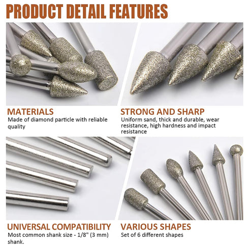 6mm Diamond Drill Grinding Bit Set, 1/8 Shank Stone Carving Set Diamond Burr Bits for Stone Ceramic Carving, Grinding, Polishing, Engraving, Sandi...
