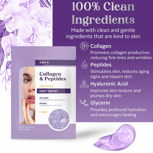 Envy Collagen & Peptides Sheet Face Mask - Dermatologist Tested - Prevents Sun Damage, Reduces Acne Scars & Wrinkles, Hydrating Sheet Mask - Korea...