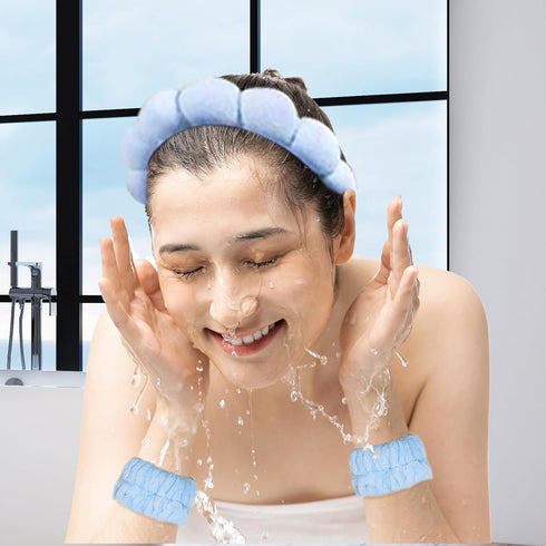 Spa Headband for Washing Face, Sponge Makeup Skincare Headband & Wristband Set Non Slip Headbands Soft Puffy Headwear Hair Accessories for Women G...