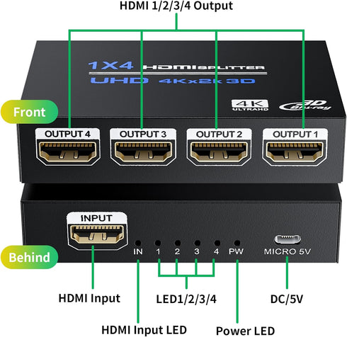 HDMI Splitter 1 in 4 Out 4K 30Hz, BolAAzuL HDMI Duplicator Adapter - 1 to 4 Output Simultaneously- for 4 Displays, Support Full HD 1080P 3D HDCP 1...