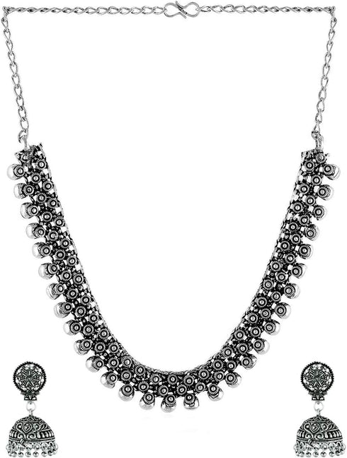 Antique Silver Oxidized Ethnic Indian Traditional Party Wear Statement Necklace Set with Jhumka Earrings Jewelry for Women...