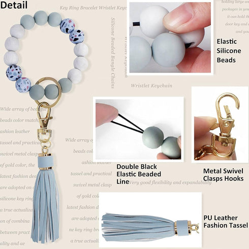 BIHRTC Beaded Wristlet Keychain Silicone House Key Ring Bracelet with Leather Tassel Wristlet Keyrings Circle Bangle Key Chain for Women Girls...